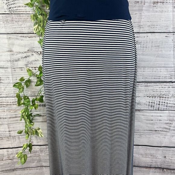 Max Studio Skirt size Medium Navy Blue Ivory Striped Jersey Long Maxi Stretch - Picture 8 of 16